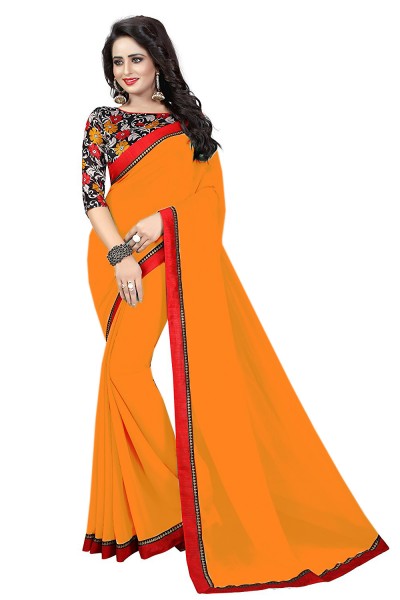Lace Work Georgette Orange Color Daily Wear Plain Saree With Printed Blouse 