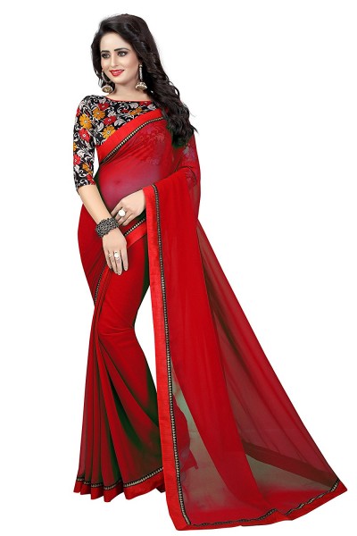 Lace Work Georgette Red Color Daily Wear Plain Saree With Printed Blouse