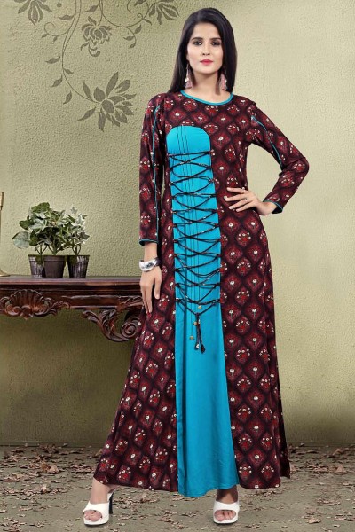 Desirable Sky Blue and Coffee Party Wear Printed Kurti