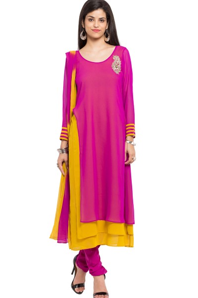 Charming Pink Georgette and Faux Crepe Churidar Bottom Plus Size Readymade Salwar Suit