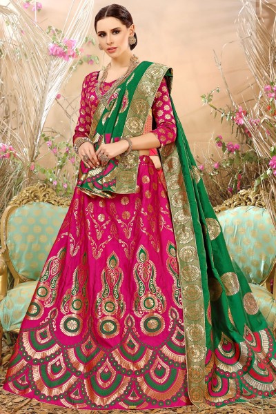 Admirable Pink Embroidred Work Banarasi Silk and Jacquard Desginer Lehenga Choli