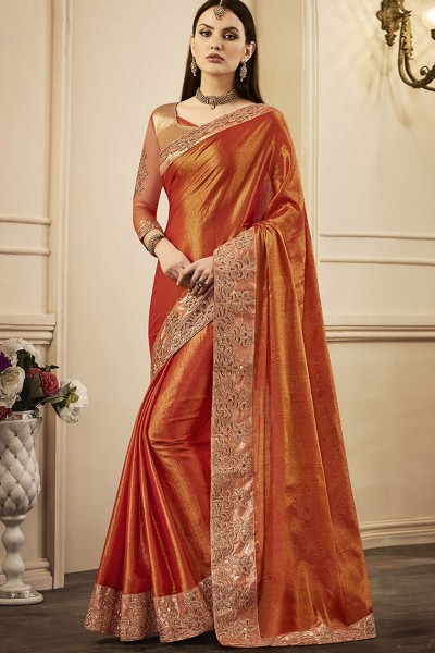 Beautiful Orange Silk Embroidered Designer Party Wear Saree