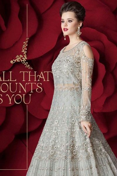 Gorgeous Grey Net Embroidered and Stone Work Anarkali Suits