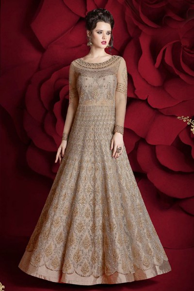 Lovely Beige Net Embroidered and Stone Work Anarkali Salwar Suit