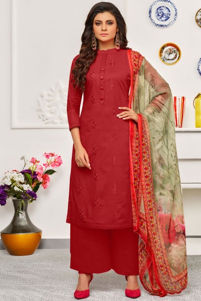 Stylish Red Cotton Embroidered Work Plazo Printed Salwar Suit