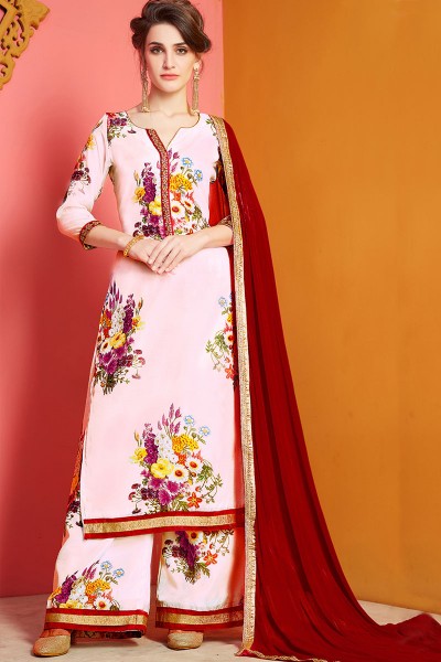 Pretty Pink Chanderi Designer Printed Salwar Suit with Nazmin Dupatta