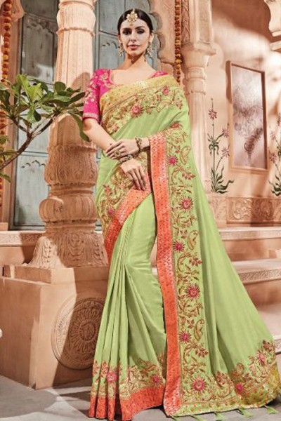 Excellent Green Silk Embroidered Designer Bridesmaid Saree