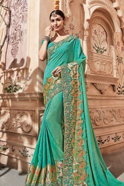 Lovely Turquoise Silk Embroidered Designer Bridesmaid Saree