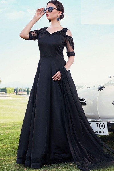 Gorgeous Black Silk Embroidered Designer Gown