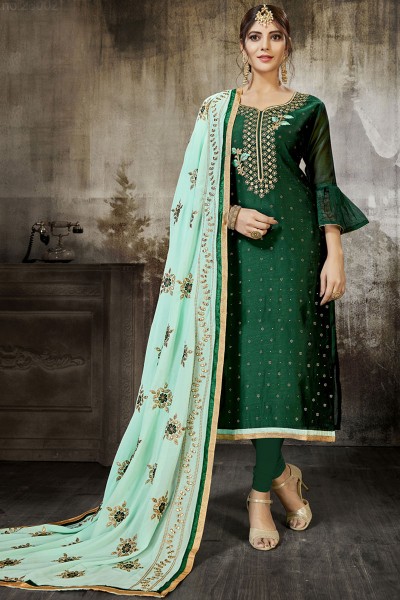 Stylish Green Silk Embroidered Designer Salwar Suit With Georgette Dupatta