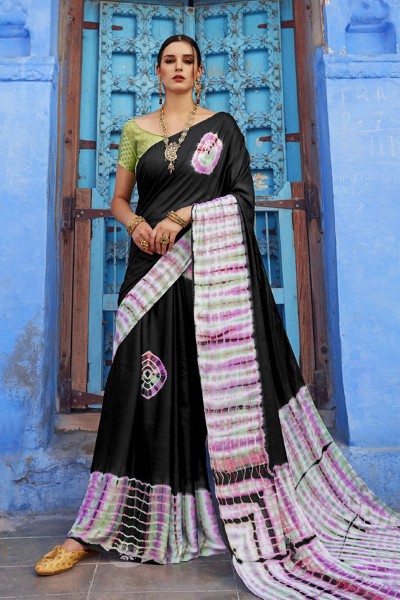 Stylish Black Satin Printed Designer Saree With Brocade Blouse