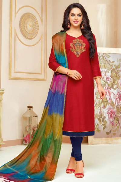 Classic Red Cotton Silk Embroidered Casual Salwar Suit With Silk Dupatta