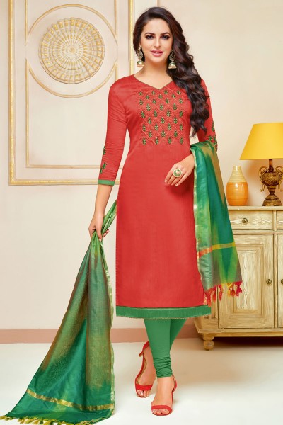 Excellent Red Cotton Silk Embroidered Casual Salwar Suit With Silk Dupatta