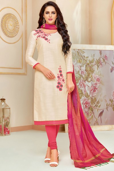 Admirable Off White Cotton Silk Embroidered Casual Salwar Suit With Silk Dupatta