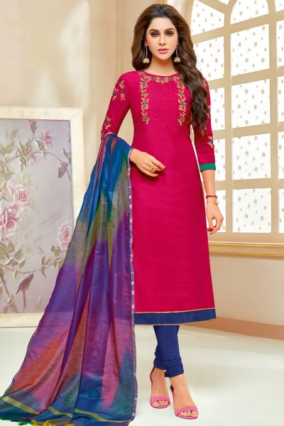 Stylish Pink Cotton Silk Embroidered Casual Salwar Suit With Silk Dupatta