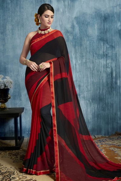 Lovely Red and Black Georgette Casual Printed Saree
