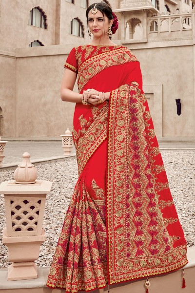 Beautiful Red and Golden Silk Satin Designer Embroidered Saree