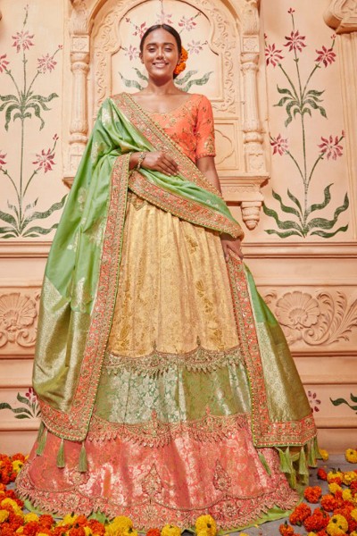 Desirable Peach,Beige and Green Silk and Jacquard Designer Lehenga with Silk and Jacquard Dupatta