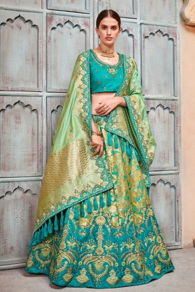 Classic Turquoise Silk and Jacquard Embroidered Work Designer Lehenga Choli