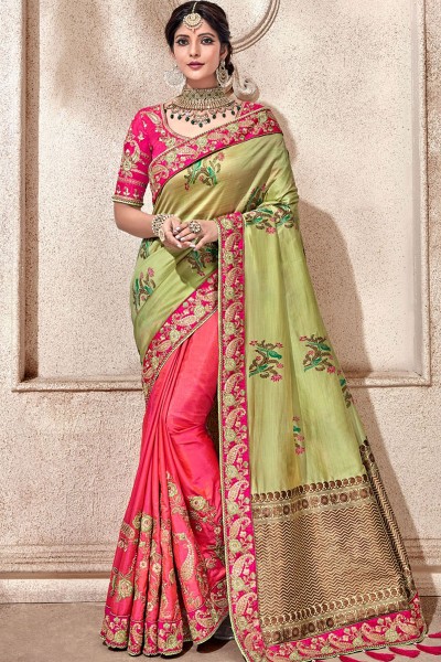 Lovely Peach and Green Silk Wedding Embroidered Saree With Banglori Silk Blouse