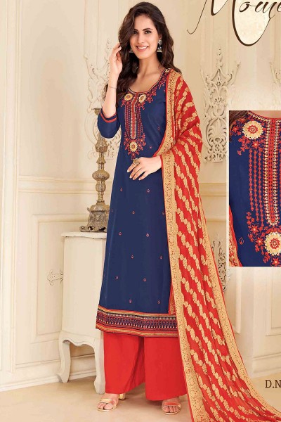 Gorgeous Blue Chanderi Embroidered Work Plazo Salwar Suit