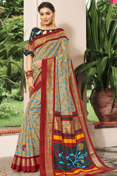 Lovely Beige Bhagalpuri Silk Designer Printed Saree