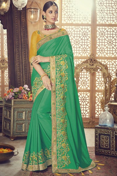 Classic Green Silk Embroidered Saree With Banglori Silk Blouse
