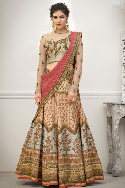 Admirable Beige Banarasi Silk Designer Lehenga With Net Dupatta
