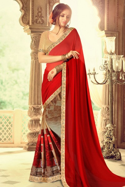 Gorgeous Red Printed Weightless Saree With Banglori Silk Blouse