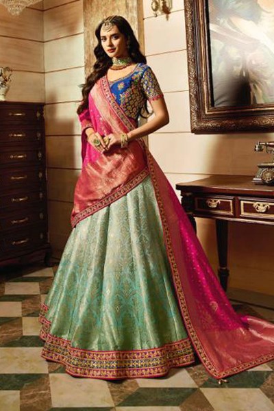Excellent Turquoise Banarasi Silk Embroidered Work Designer Lehenga Choli