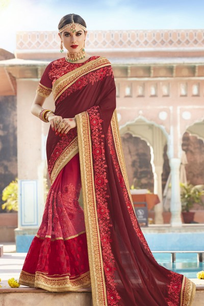 Pretty Maroon and Pink Georgette and Net Embroidered Wedding Saree With Banglori Silk Blouse