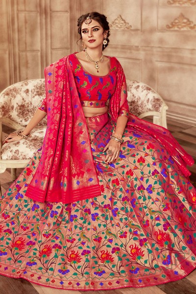 Optimum Golden and Pink Banarasi Silk Jaquard Work Work Lehenga Choli