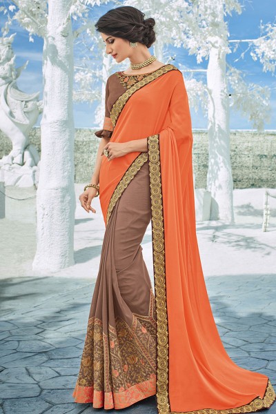 Lovely Orange and Beige Georgette and Silk Embroidered Party Wear Saree