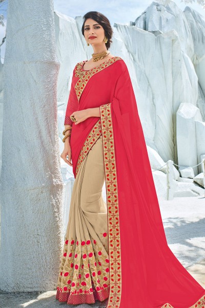 Supreme Pink and Beige Silk Embroidered Party Wear Saree With Silk Blouse