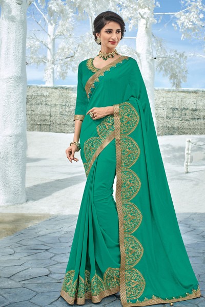 Charming Green Silk Embroidered Party Wear Saree