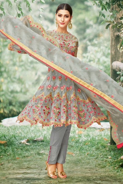 Pretty Grey Net Embroidered Salwar Suit