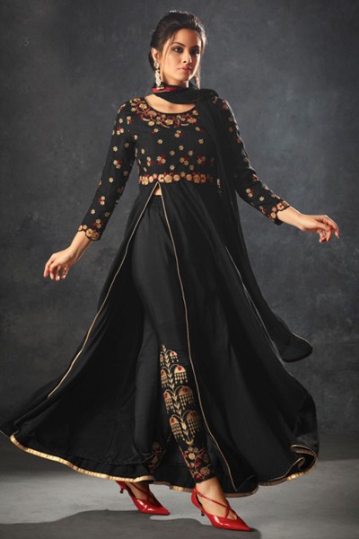 Gorgeous Black Silk Embroidered Anarkali Salwar Suit With Chiffon Dupatta