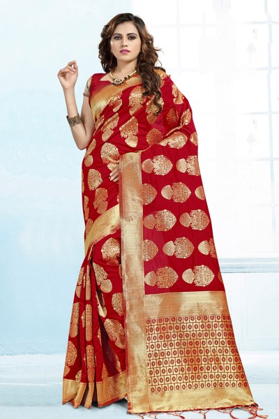 Classic Red Banarasi Silk Jaquard Work Designer Saree With Banarasi Silk Blouse