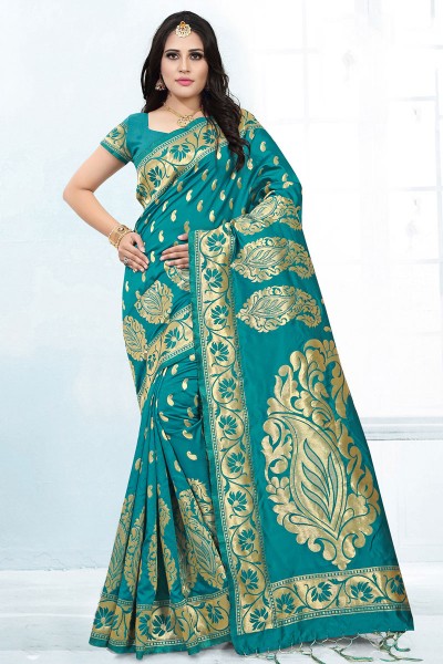 Excellent Teal Banarasi Silk Jaquard Work Designer Saree With Banarasi Silk Blouse