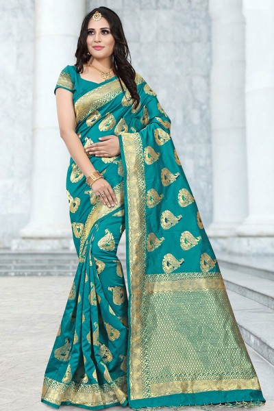 Admirable Teal Banarasi Silk Jaquard Work Designer Saree With Banarasi Silk Blouse
