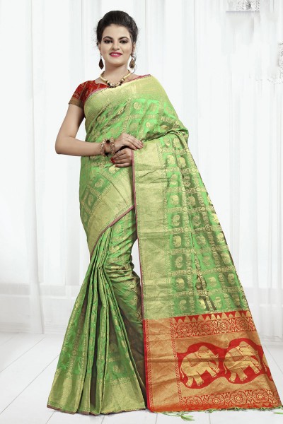 Excellent Green Banarasi Silk Jaquard Work Designer Saree With Banarasi Silk Blouse