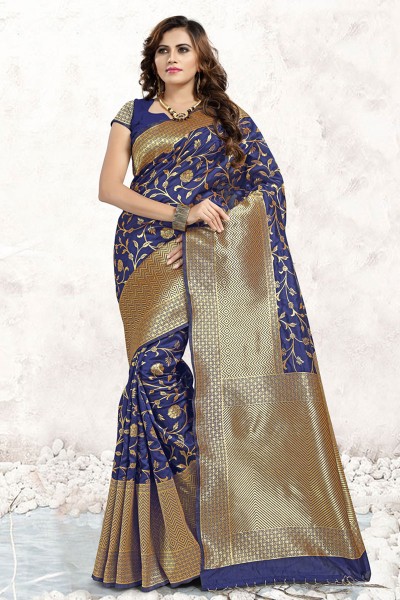 Ultimate Blue Banarasi Silk Jaquard Work Designer Saree With Banarasi Silk Blouse