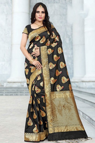 Excellent Black Designer Banarasi Silk Jaquard Work Saree With Banarasi Silk Blouse