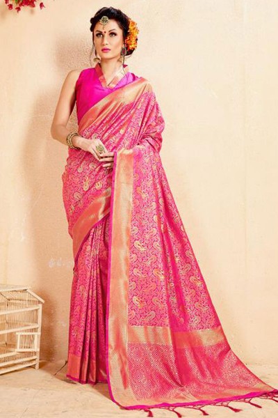 Pretty Pink Banarasi Silk Jaquard Work Designer Saree With Banarasi Silk Blouse