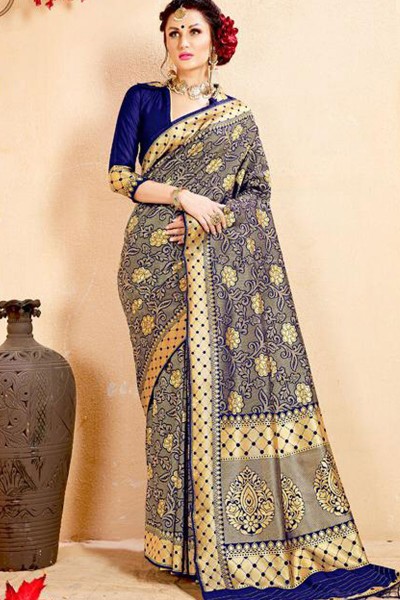 Optimum Navy Blue Banarasi Silk Jaquard Work Designer Saree With Banarasi Silk Blouse