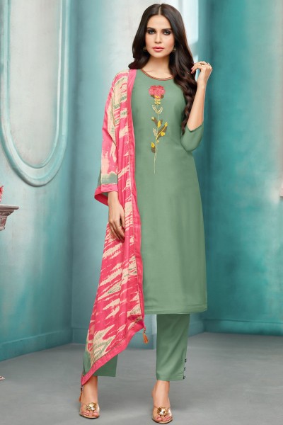 Stylish Green Silk Embroidered Designer Salwar Suit With Maslin Dupatta