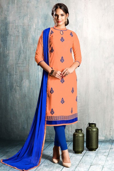 Gorgeous Peach Cotton Embroidered Designer Casual Salwar Suit With Nazmin Dupatta