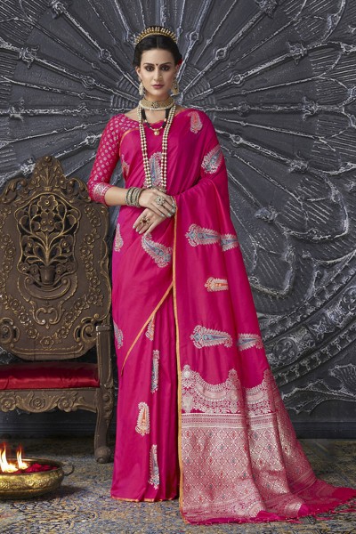 Beautiful Pink Silk Jaquard Work Designer Saree With Silk Blouse