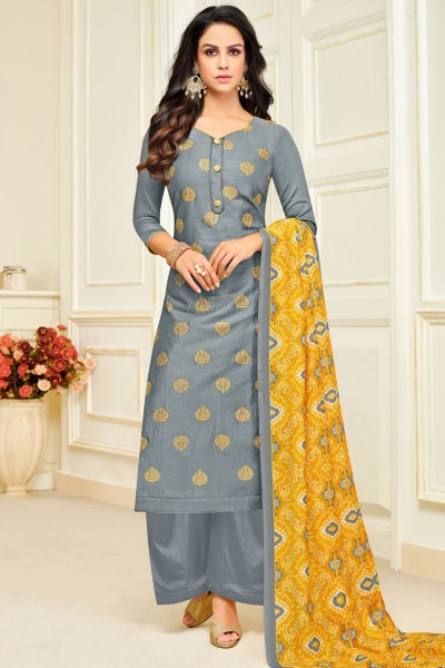 Ultimate Grey Silk Printed Designer Plazo Salwar Suit With Maslin Dupatta