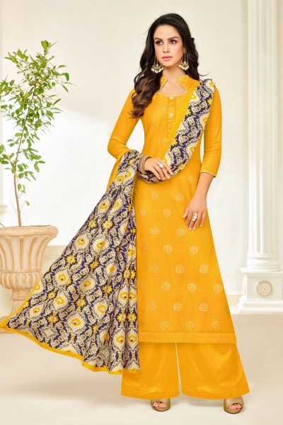 Supreme Yellow Silk Designer Plazo Salwar Suit With Maslin Dupatta